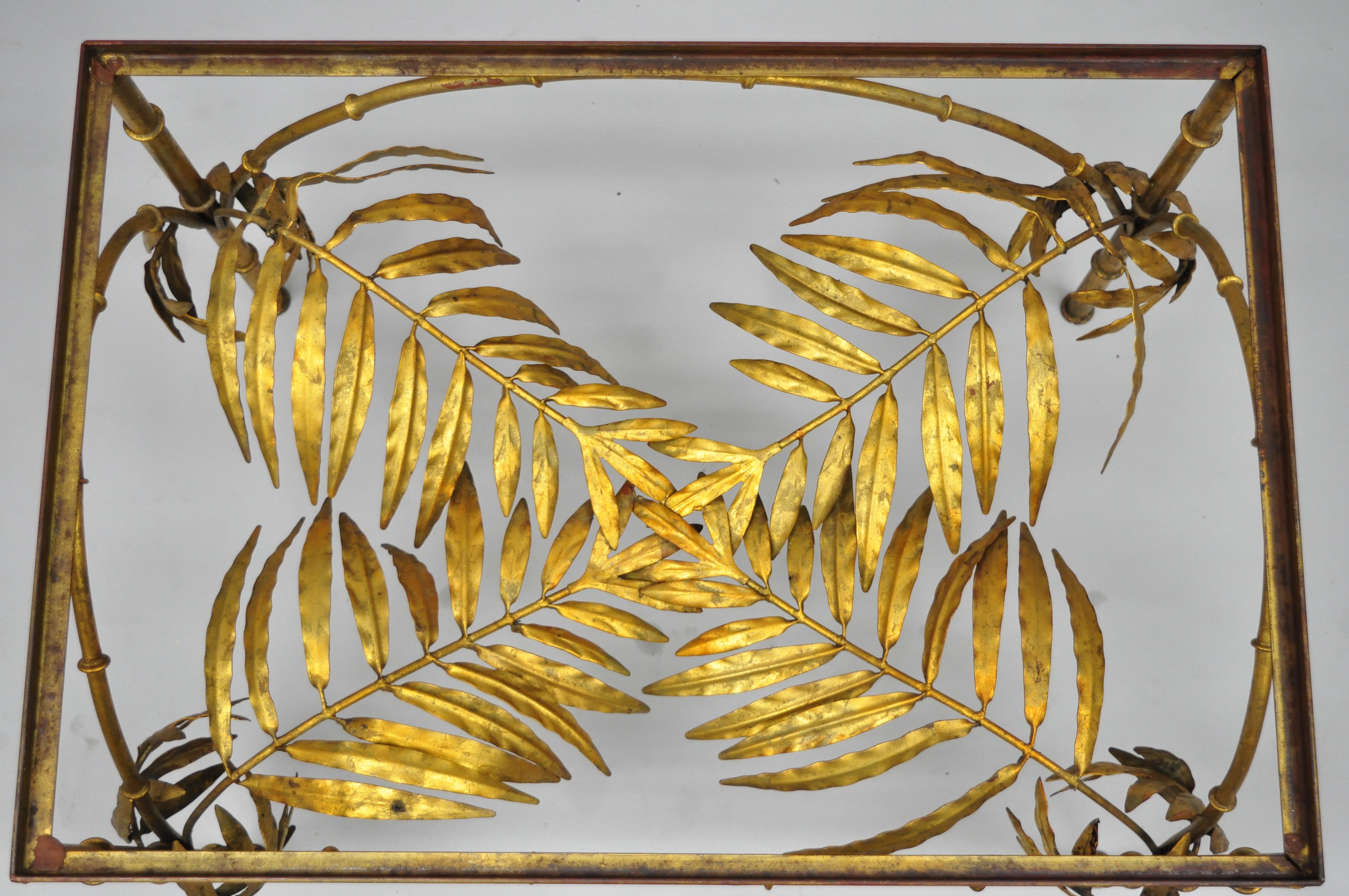 Italian Hollywood Regency Gold Gilt Metal Palm Leaf Iron Glass Coffee Side Table In Good Condition In Philadelphia, PA
