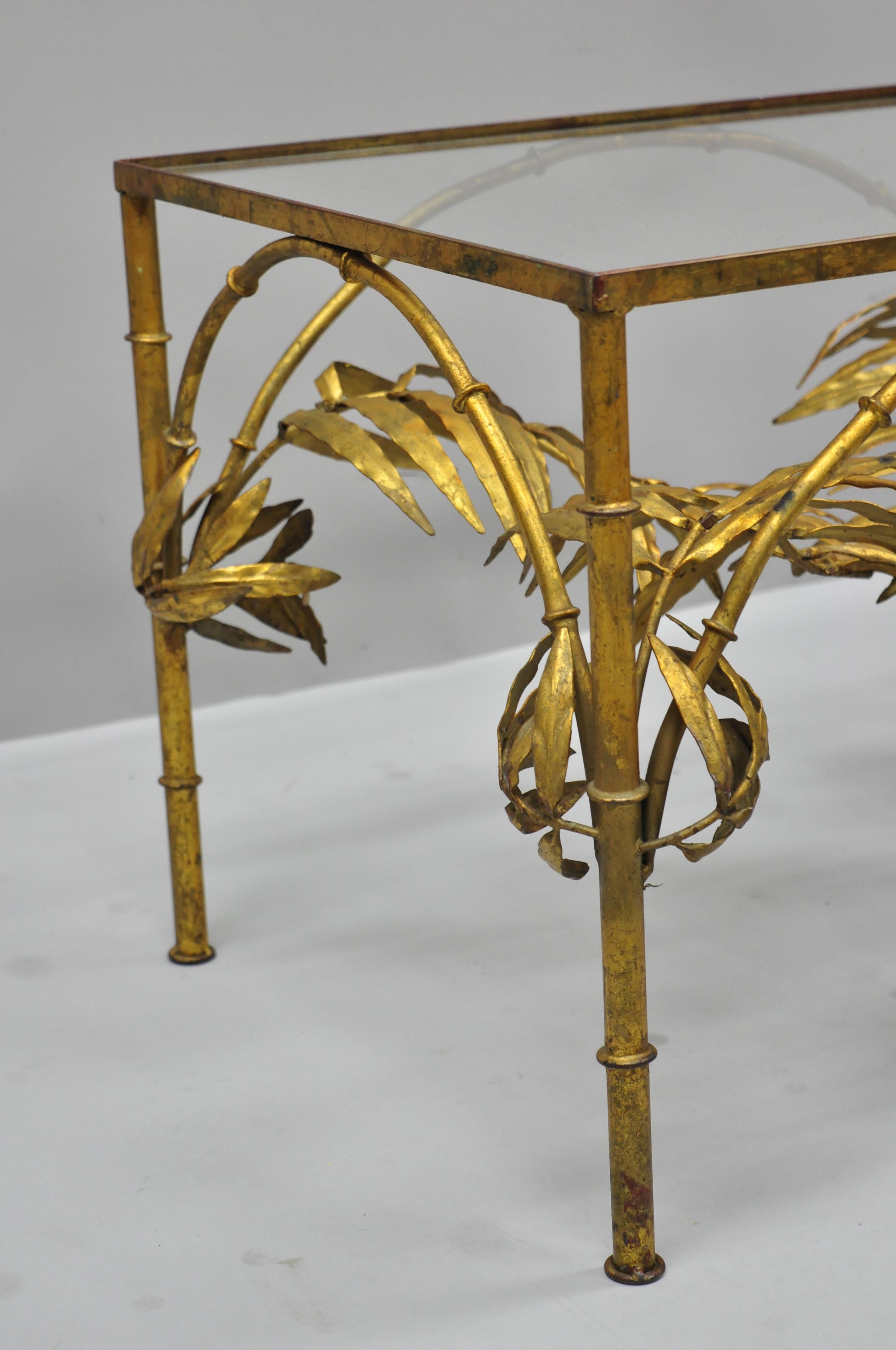 Italian Hollywood Regency Gold Gilt Metal Palm Leaf Iron Glass Coffee Side Table 1