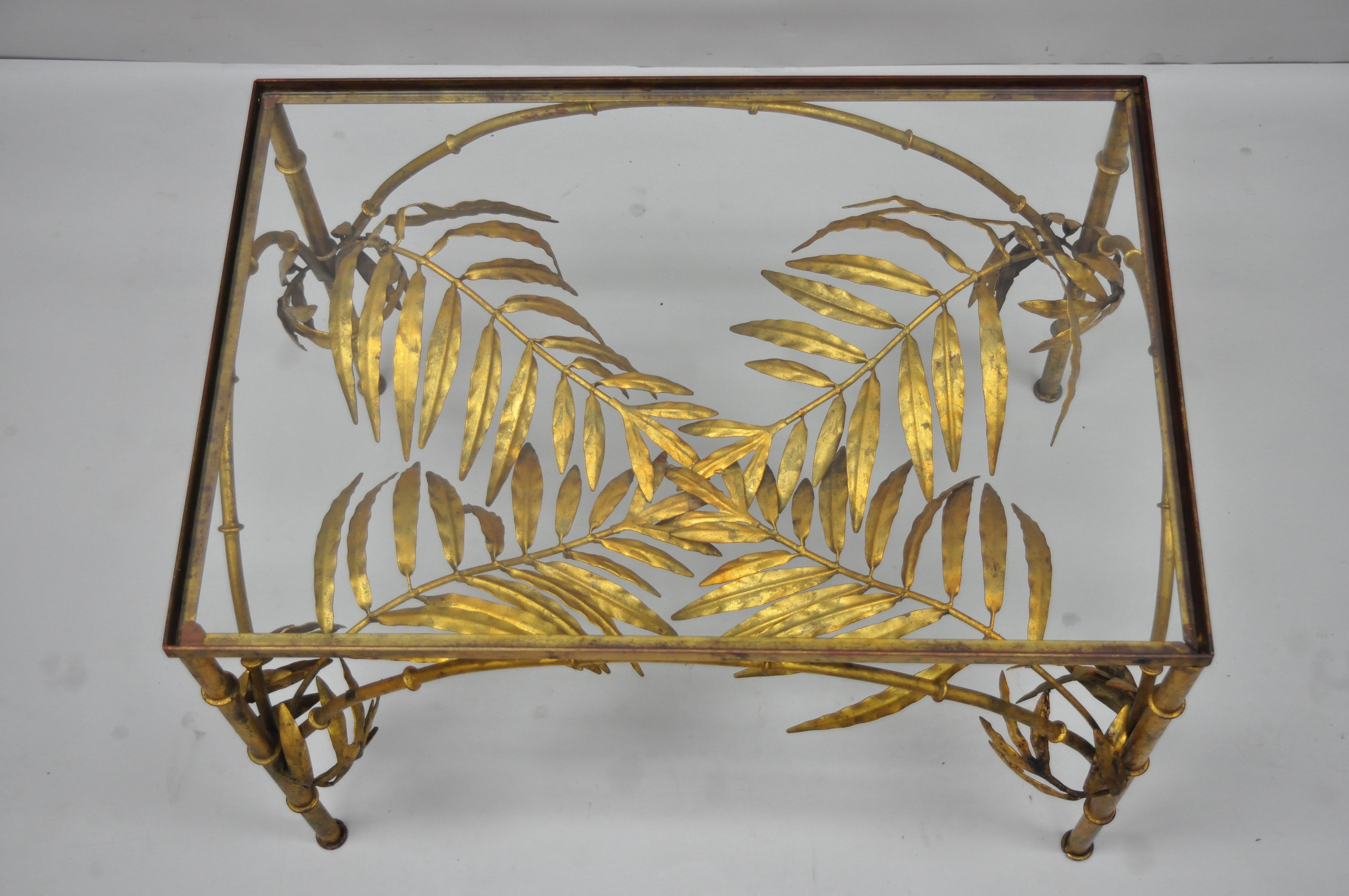Italian Hollywood Regency Gold Gilt Metal Palm Leaf Iron Glass Coffee Side Table 4