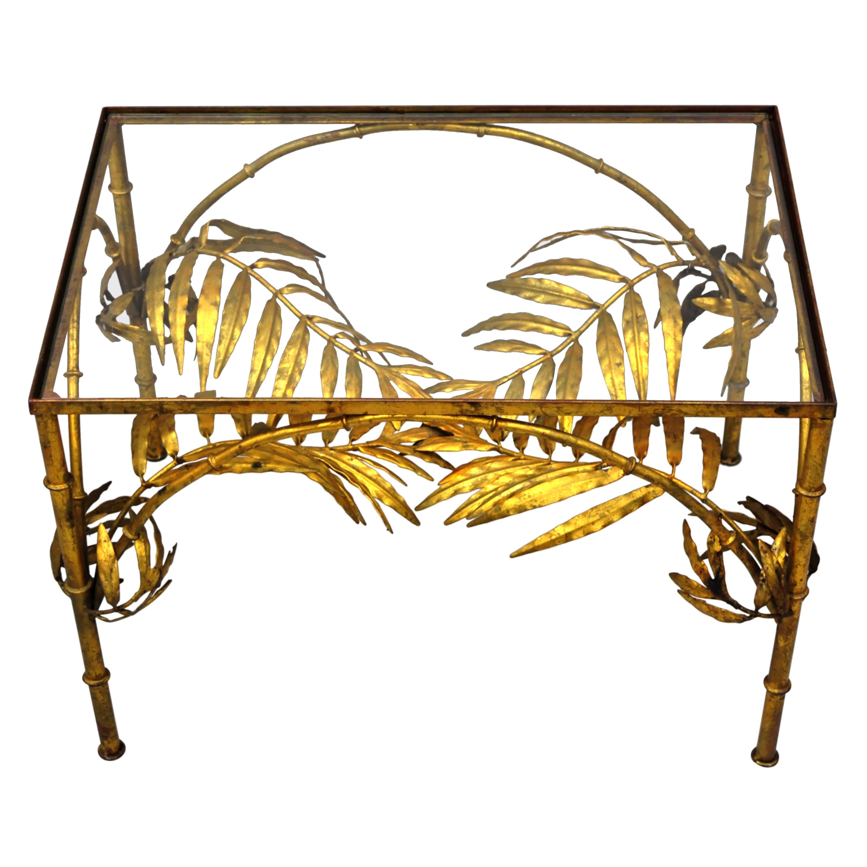 Italian Hollywood Regency Gold Gilt Metal Palm Leaf Iron Glass Coffee Side Table