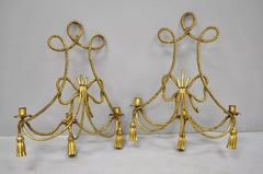 Italian Hollywood Regency Gold Gilt Rope Tassel Candle Holder Wall Sconce - Pair