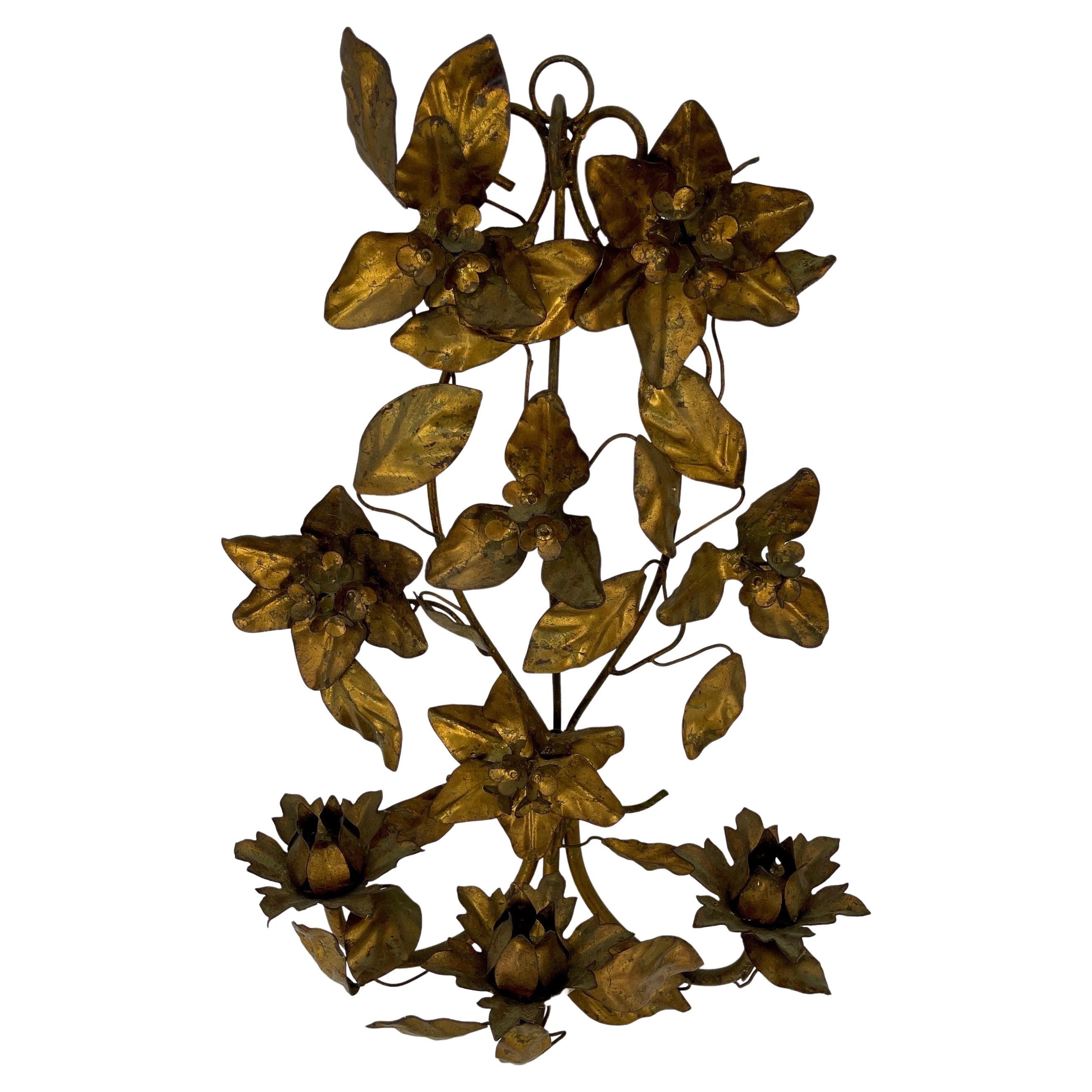 20th Century Italian Hollywood Regency Gold Gilt Tole Floral Wall Sconce For Sale