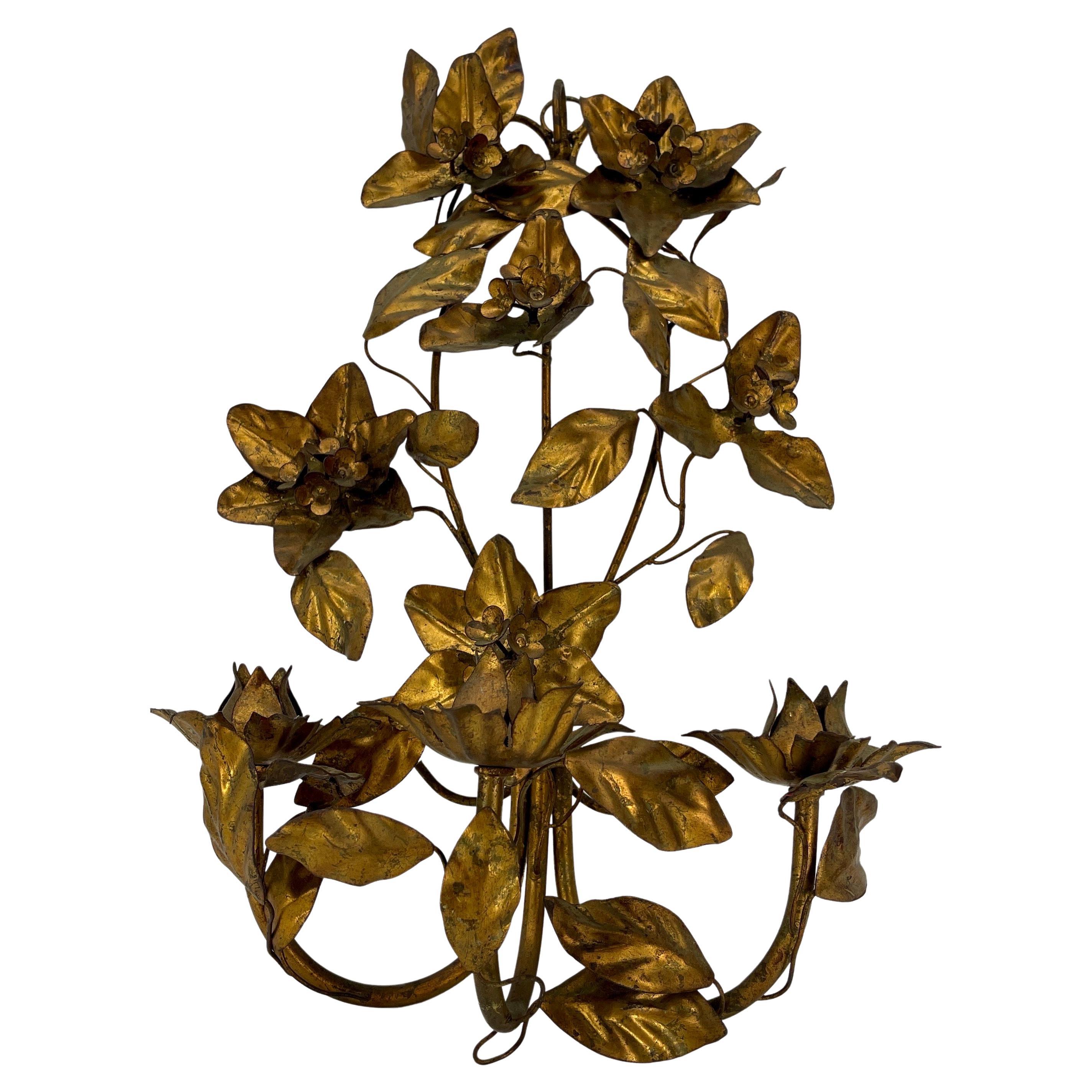 Metal Italian Hollywood Regency Gold Gilt Tole Floral Wall Sconce For Sale