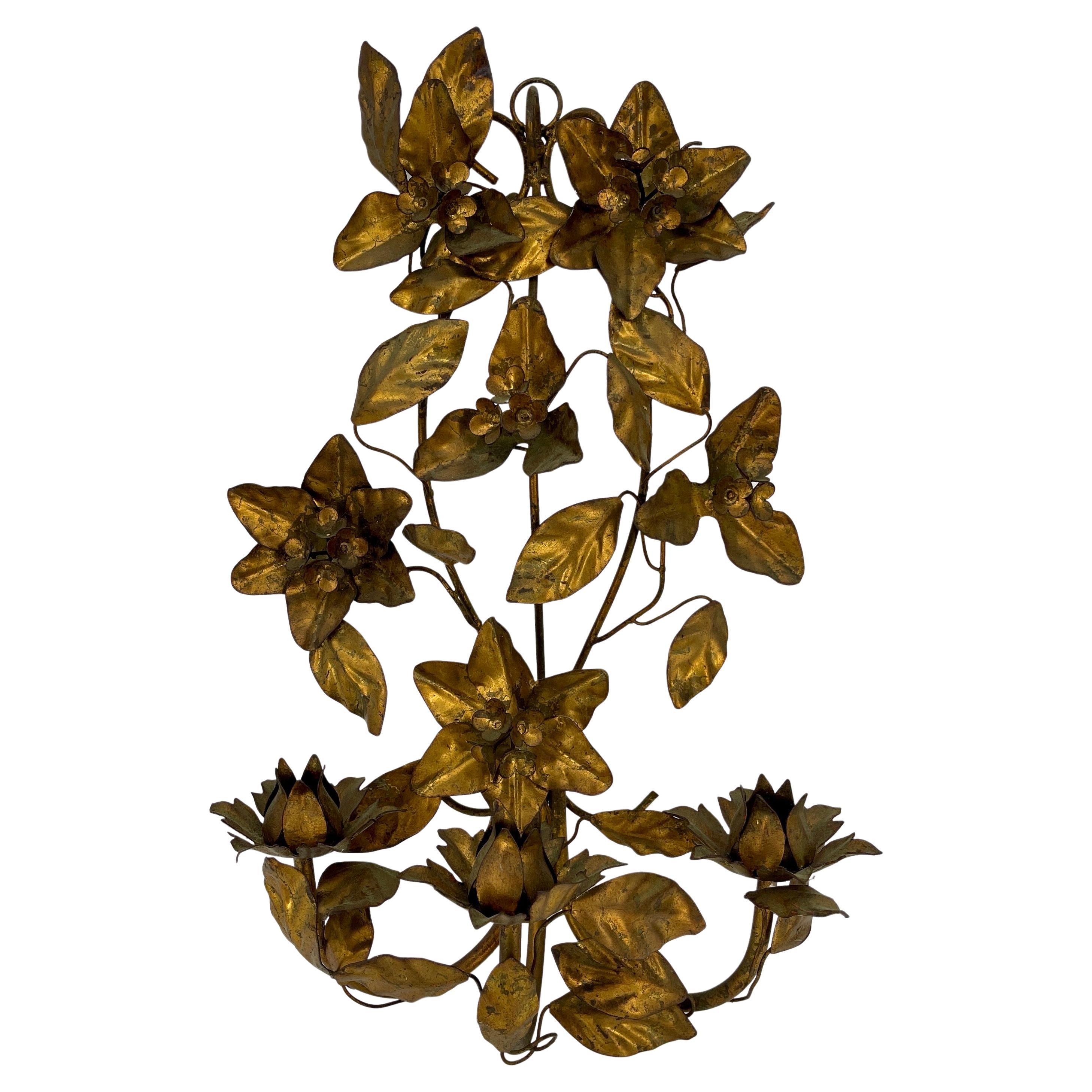 Italian Hollywood Regency Gold Gilt Tole Floral Wall Sconce For Sale