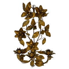 Retro Italian Hollywood Regency Gold Gilt Tole Floral Wall Sconce