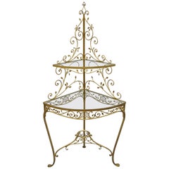 Italian Hollywood Regency Gold Iron Metal Corner Curio Display Shelf Stand