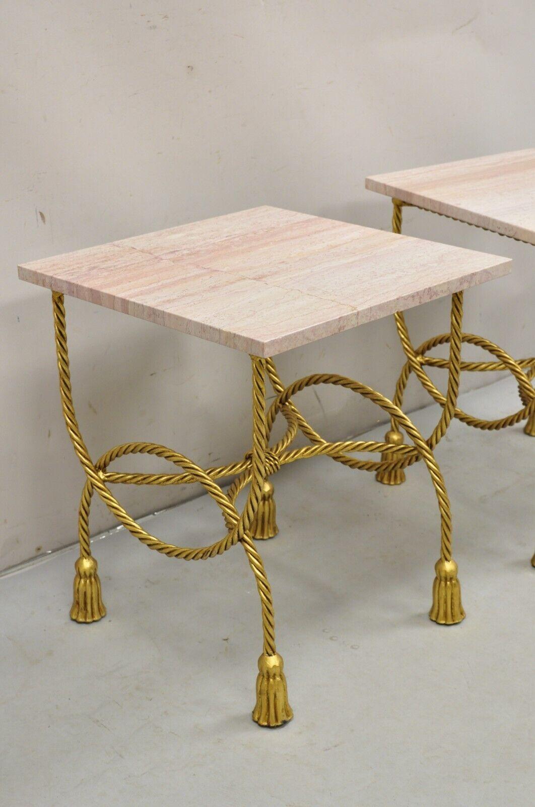 Italian Hollywood Regency Gold Iron Rope Tassel Pink Marble Top Side Table Pair For Sale 7