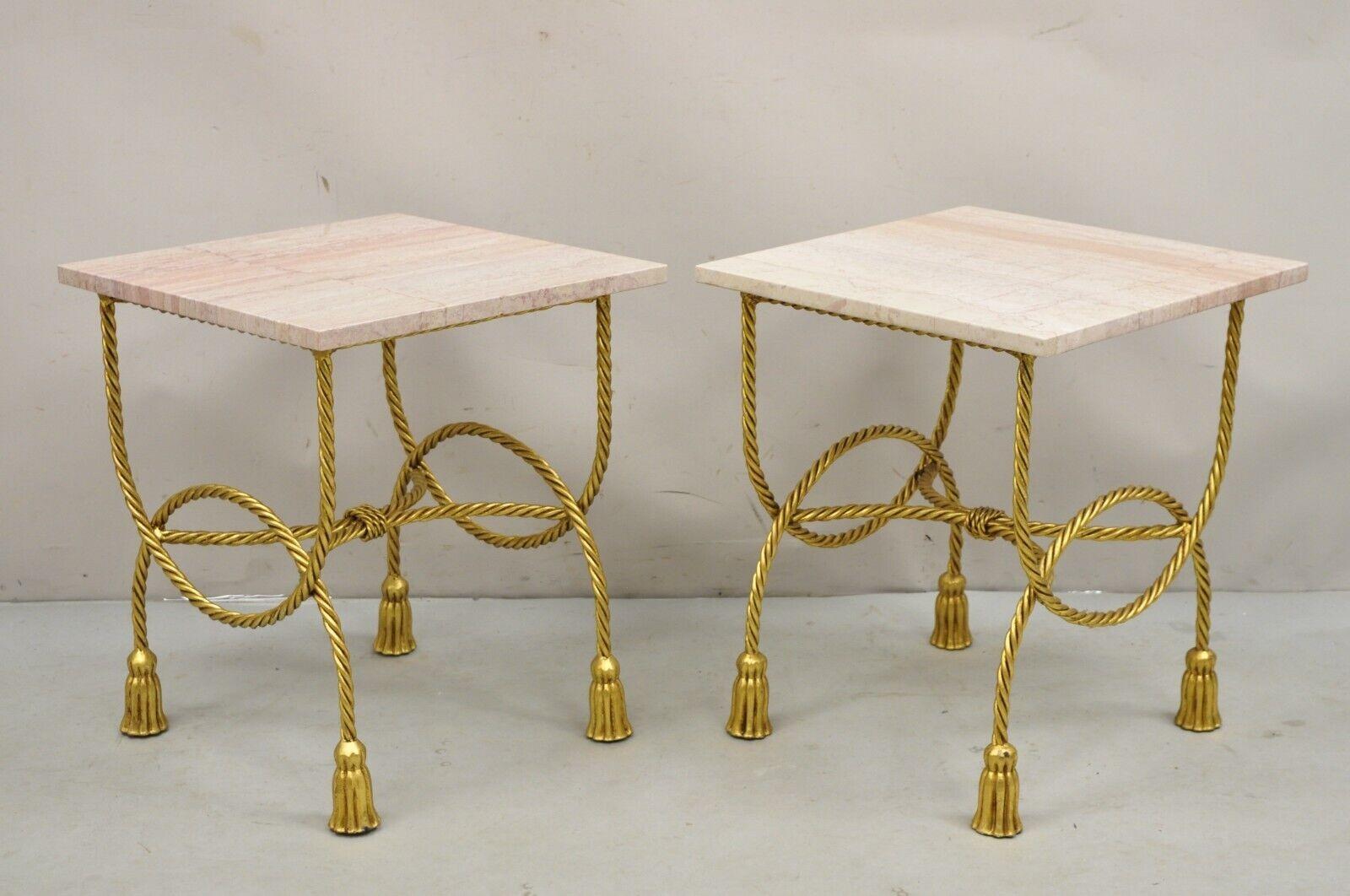 Italian Hollywood Regency Gold Iron Rope Tassel Pink Marble Top Side Table Pair For Sale 8