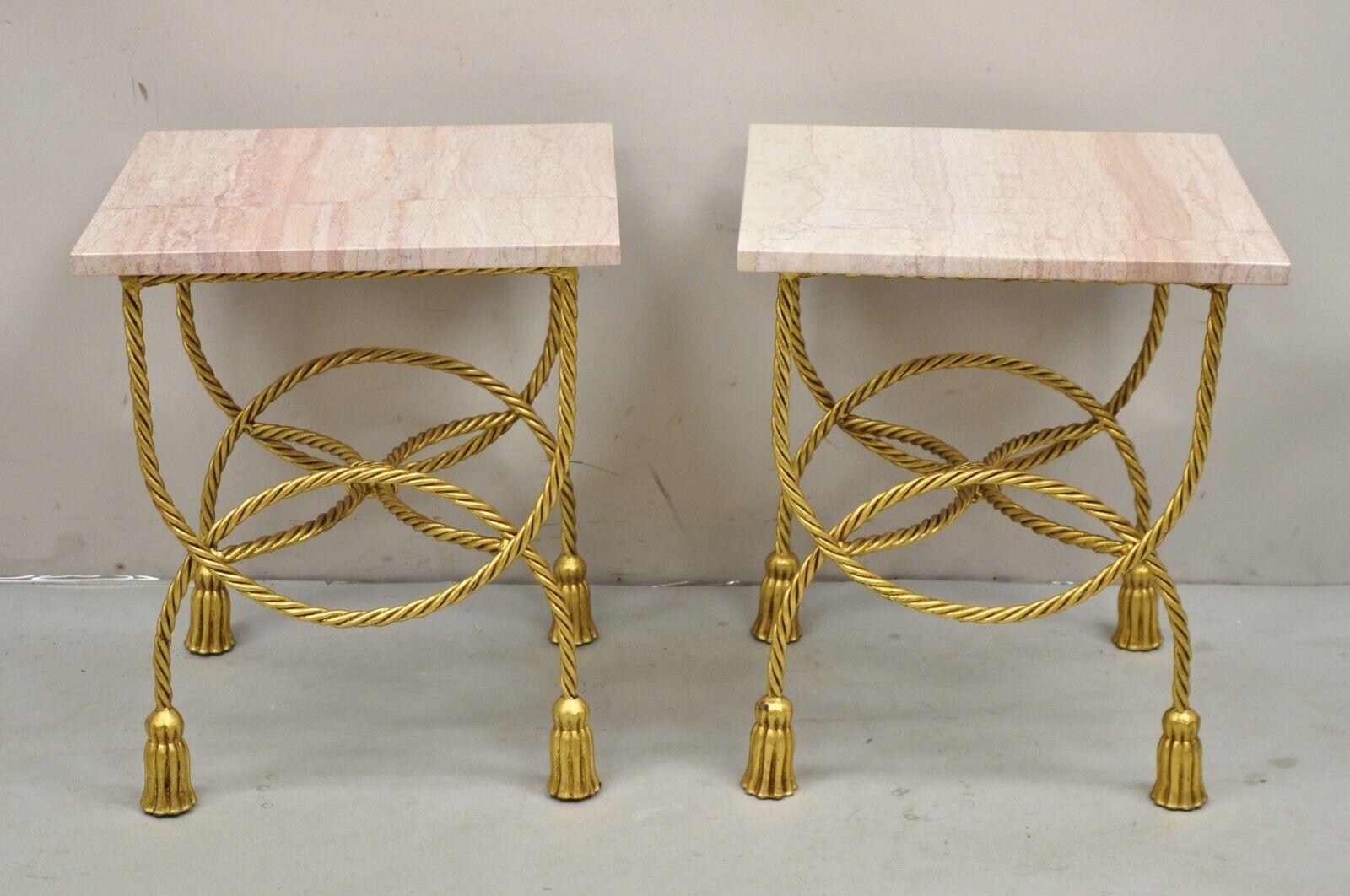 Italian Hollywood Regency Gold Iron Rope Tassel Pink Marble Top Side Table Pair In Good Condition For Sale In Philadelphia, PA