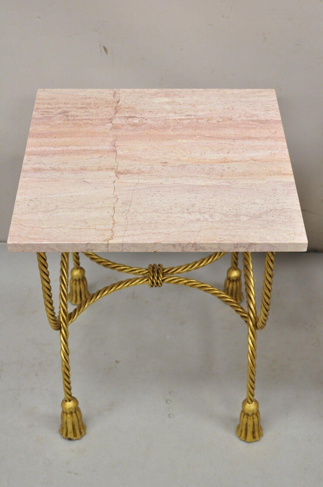 Italian Hollywood Regency Gold Iron Rope Tassel Pink Marble Top Side Table Pair For Sale 2