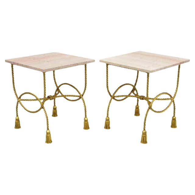 Italian Hollywood Regency Gold Gilt Iron Rope Round Marble Top Low ...