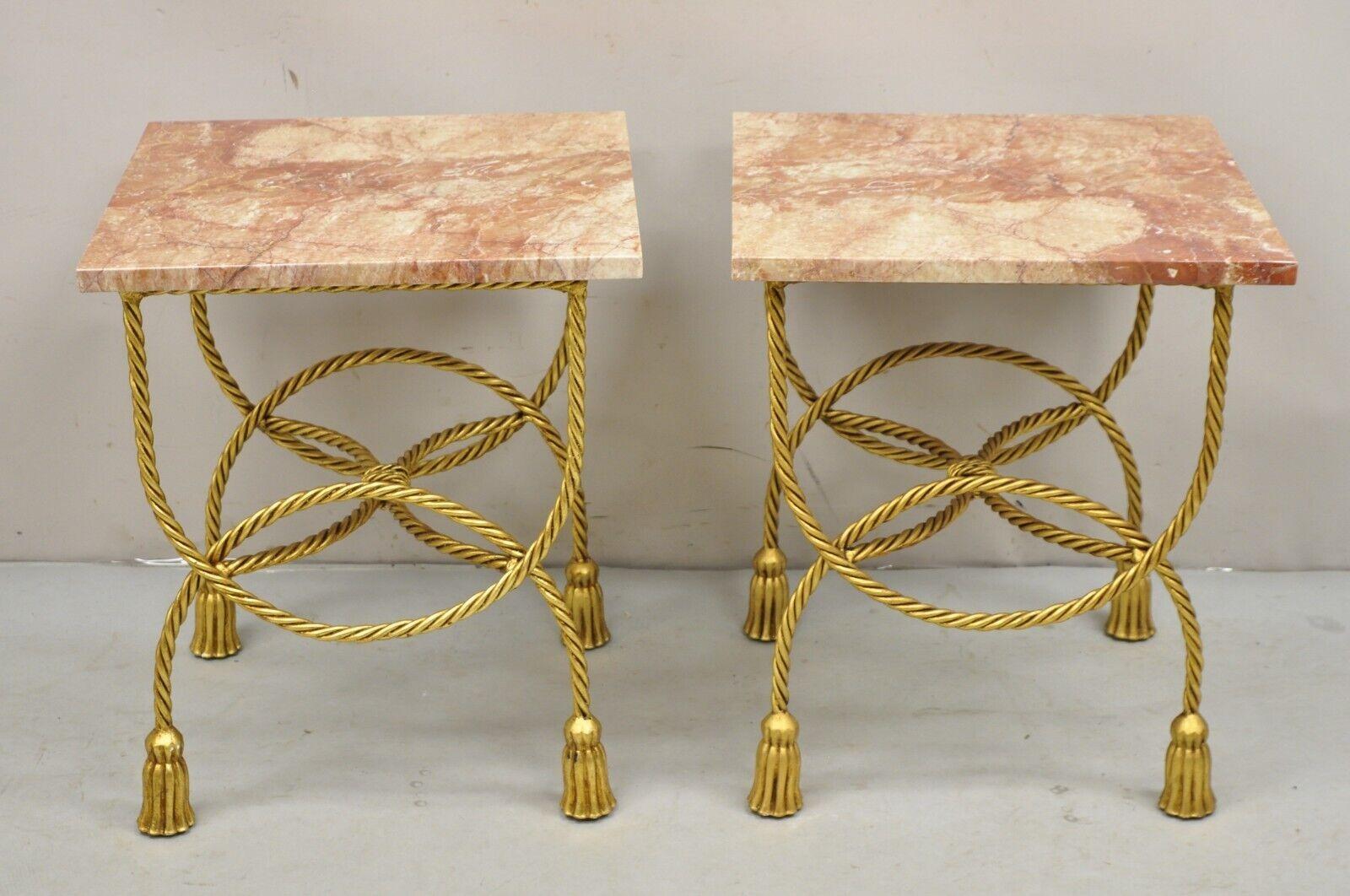 Italian Hollywood Regency Gold Iron Rope Tassel Rouge Marble Top Side Table Pair For Sale 6