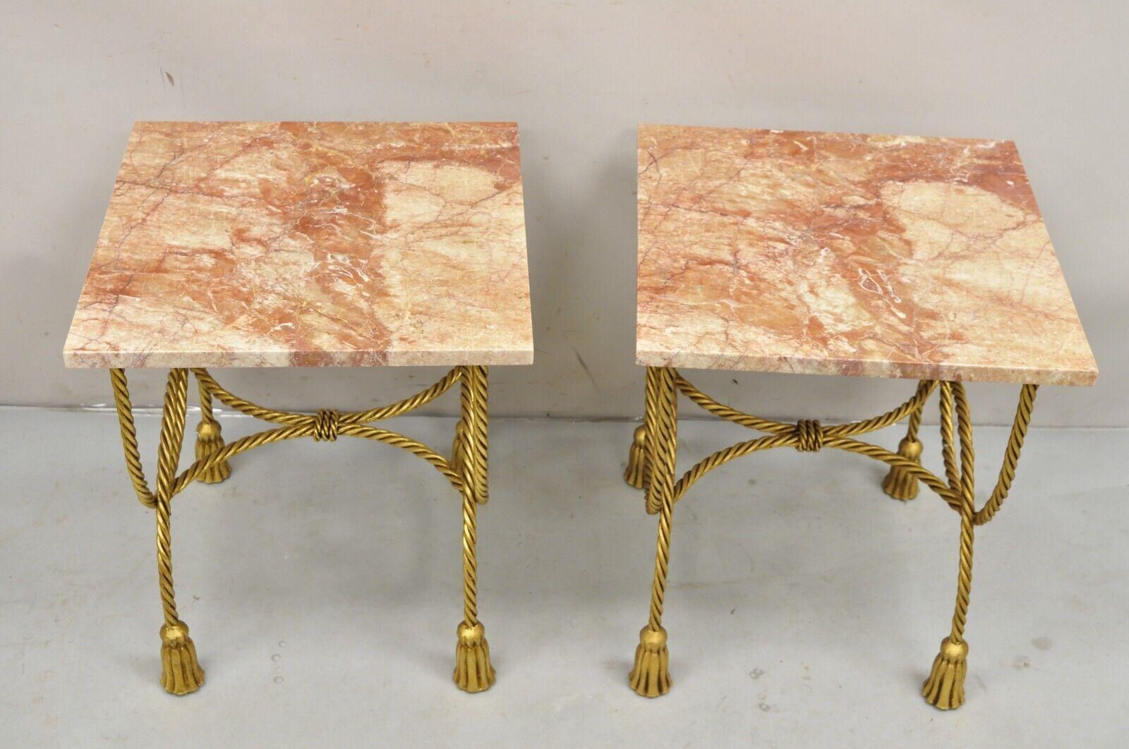 Italian Hollywood Regency Gold Iron Rope Tassel Rouge Marble Top Side Table Pair In Good Condition For Sale In Philadelphia, PA