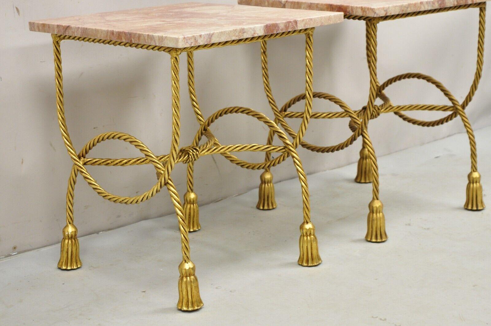 20th Century Italian Hollywood Regency Gold Iron Rope Tassel Rouge Marble Top Side Table Pair For Sale