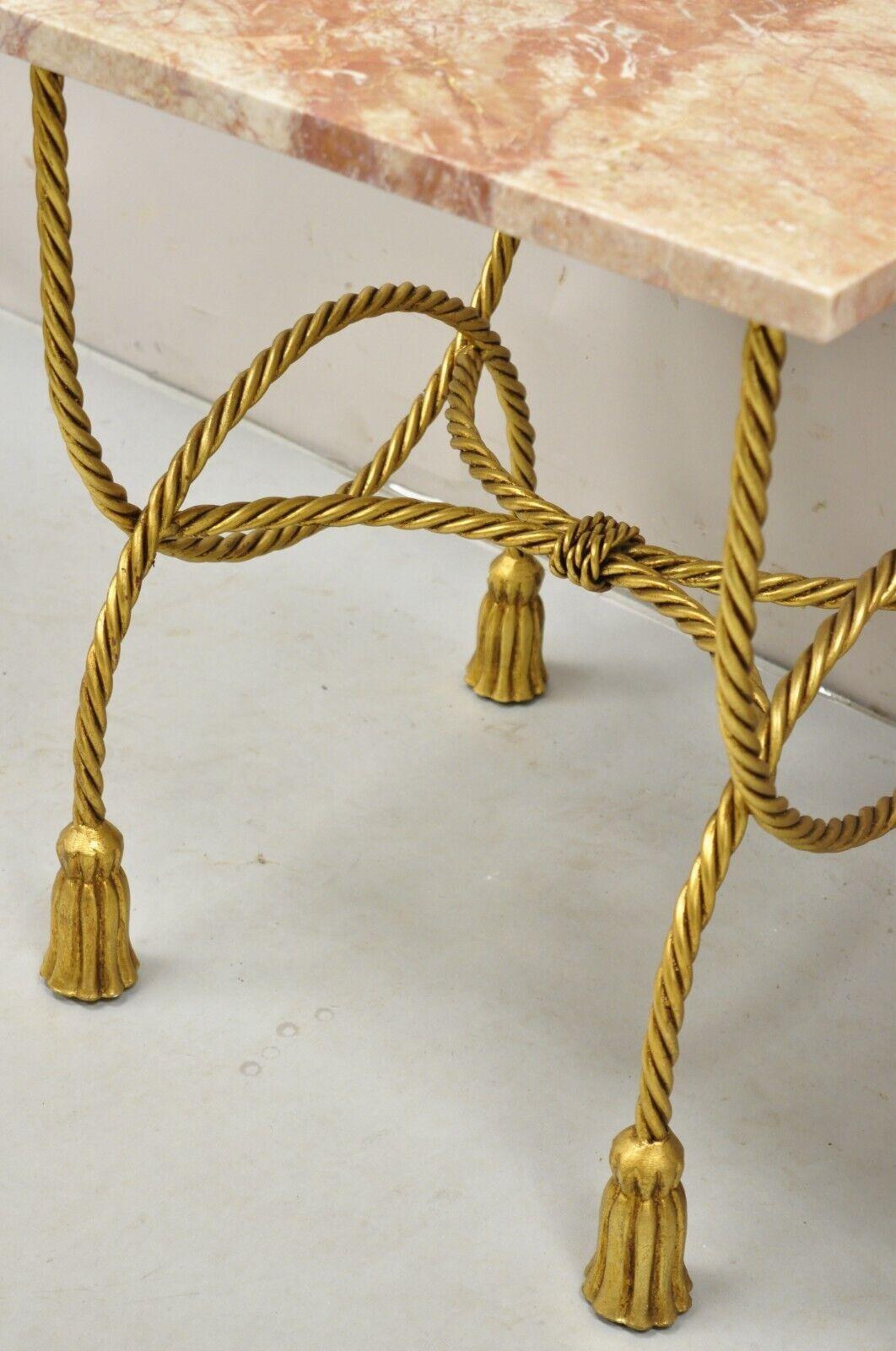 Italian Hollywood Regency Gold Iron Rope Tassel Rouge Marble Top Side Table Pair For Sale 1