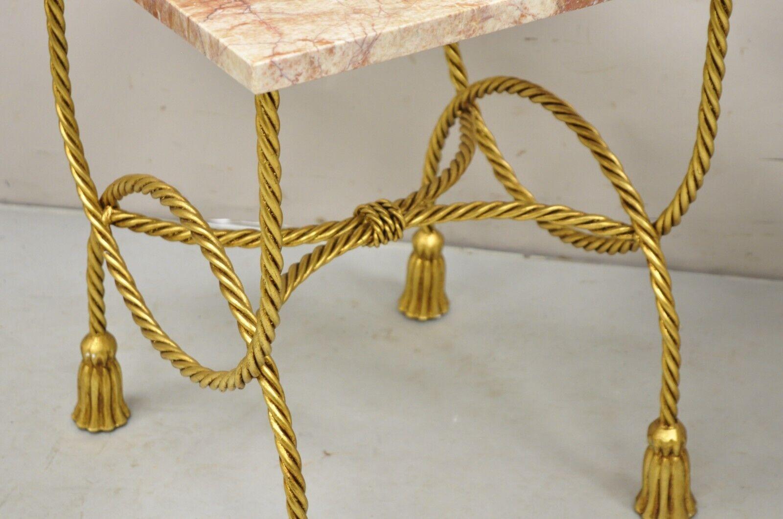 Italian Hollywood Regency Gold Iron Rope Tassel Rouge Marble Top Side Table Pair For Sale 4