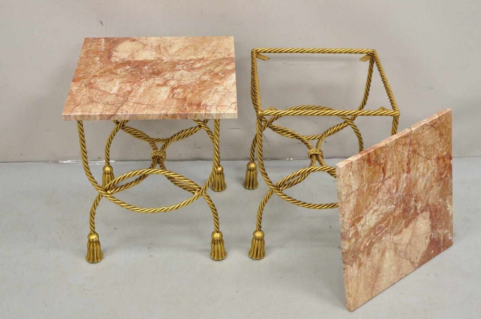 Italian Hollywood Regency Gold Iron Rope Tassel Rouge Marble Top Side Table Pair For Sale 5