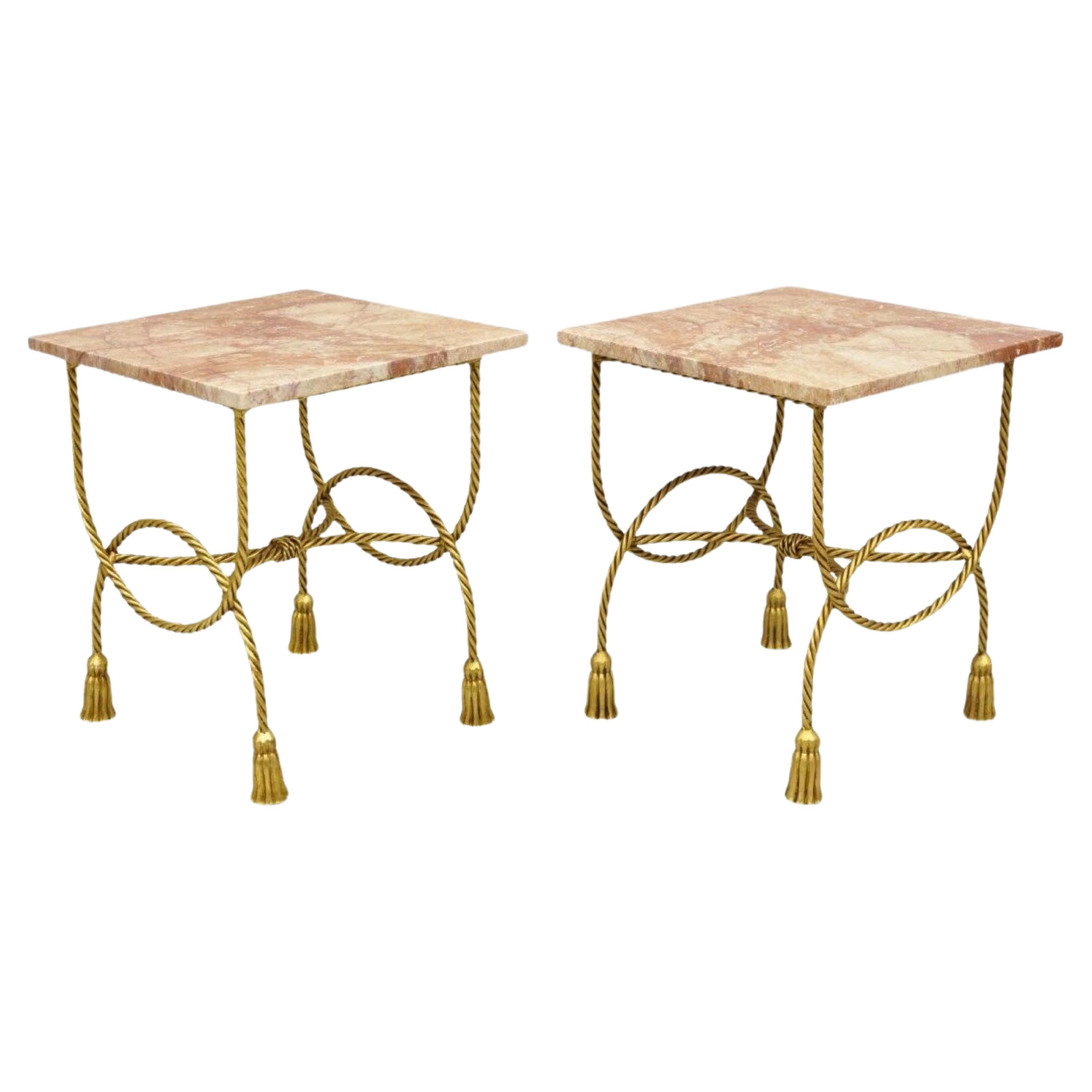 Italian Hollywood Regency Gold Iron Rope Tassel Rouge Marble Top Side Table Pair For Sale