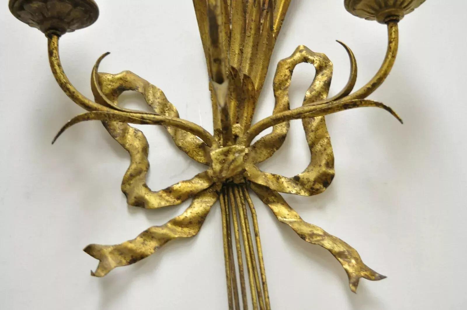 Italian Hollywood Regency Gold Iron Sheaf of Wheat Candle Wall Sconces - a Pair For Sale 5