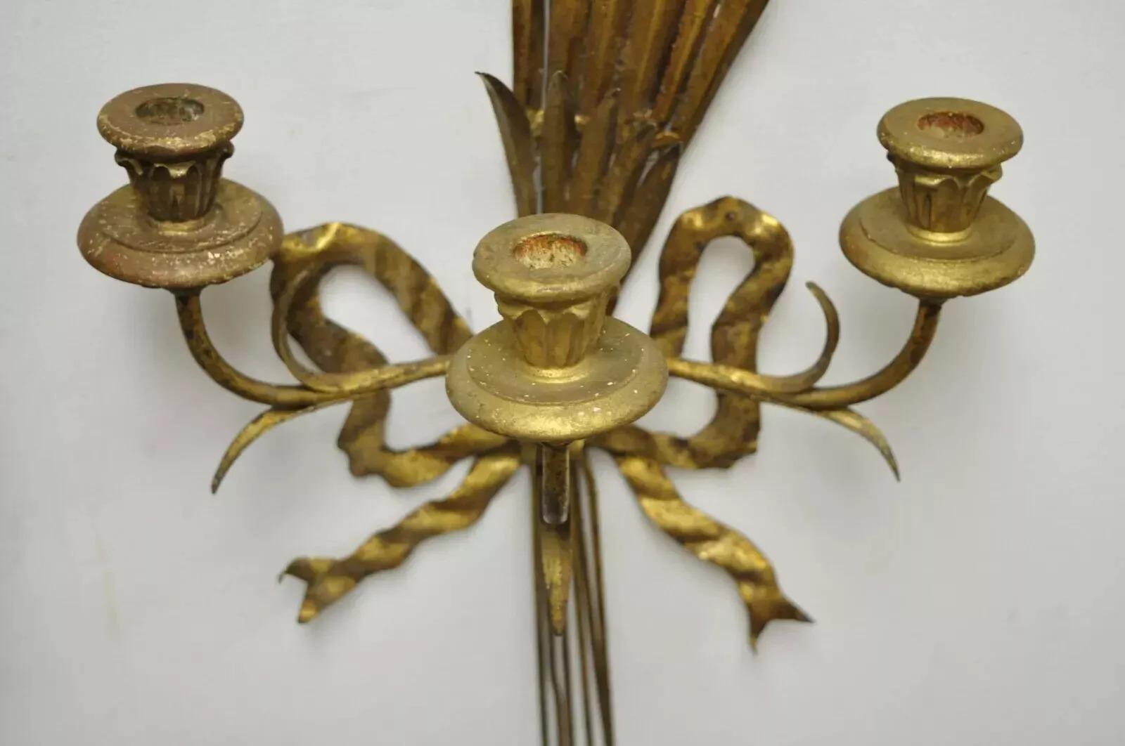 Italian Hollywood Regency Gold Iron Sheaf of Wheat Candle Wall Sconces - a Pair For Sale 6