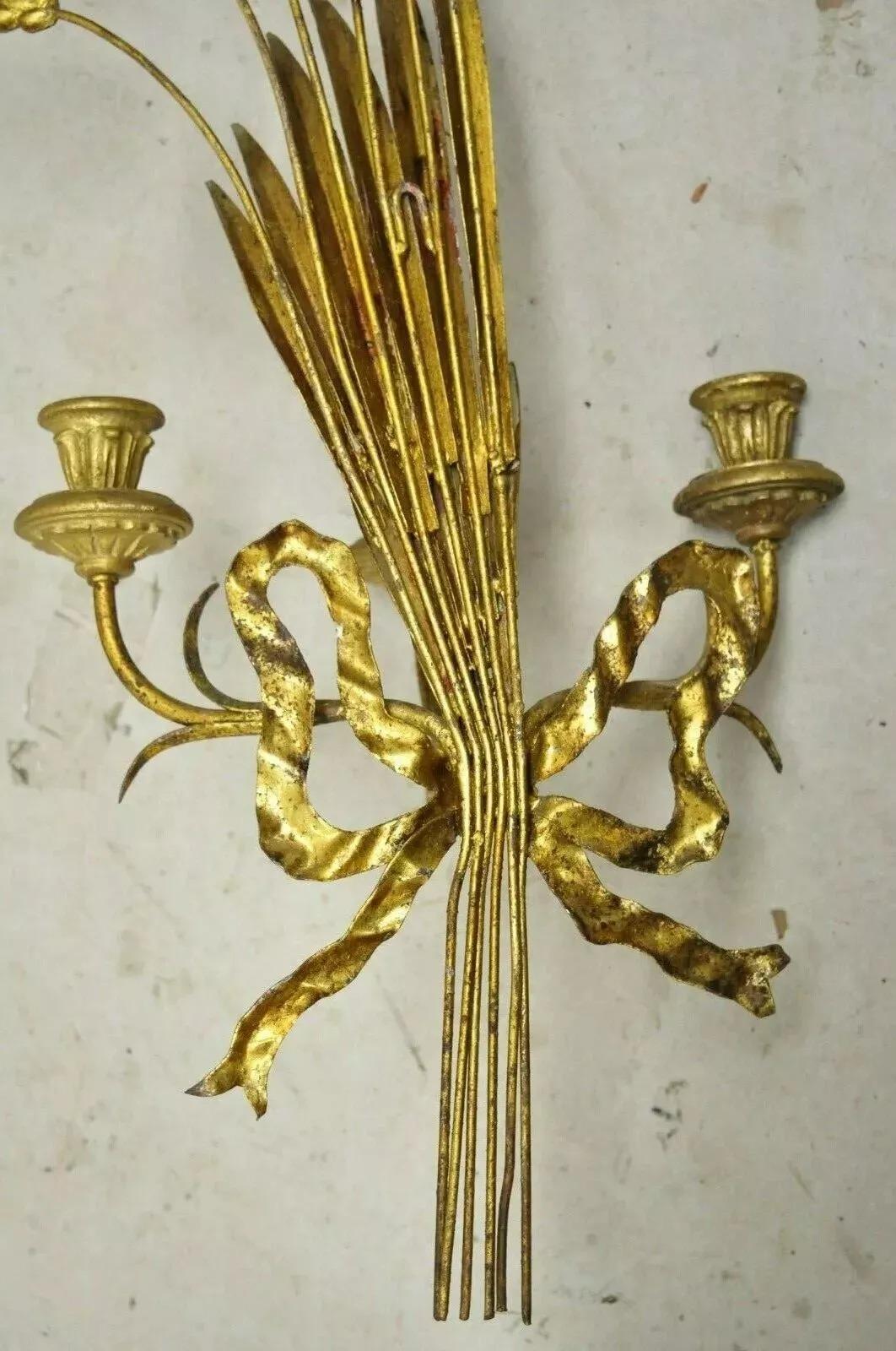 Italian Hollywood Regency Gold Iron Sheaf of Wheat Candle Wall Sconces - a Pair For Sale 7