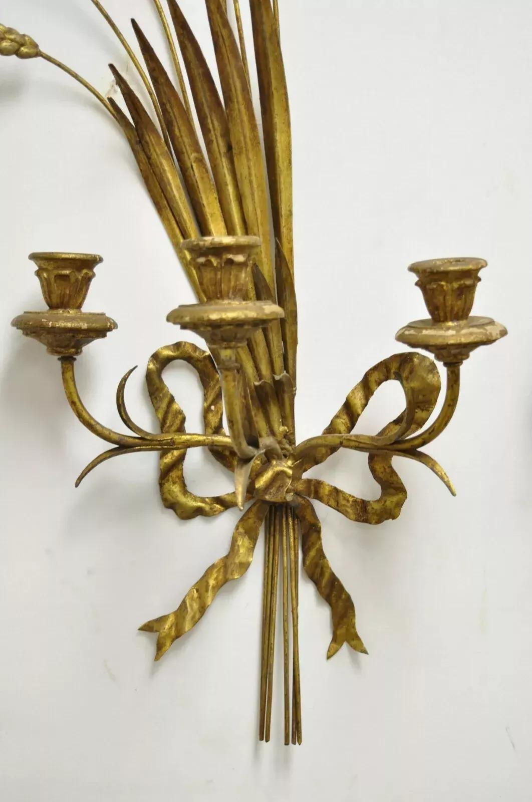 20th Century Italian Hollywood Regency Gold Iron Sheaf of Wheat Candle Wall Sconces - a Pair For Sale