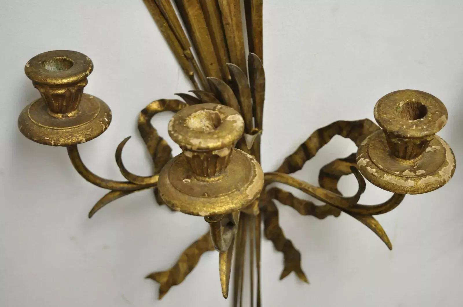 Italian Hollywood Regency Gold Iron Sheaf of Wheat Candle Wall Sconces - a Pair For Sale 3