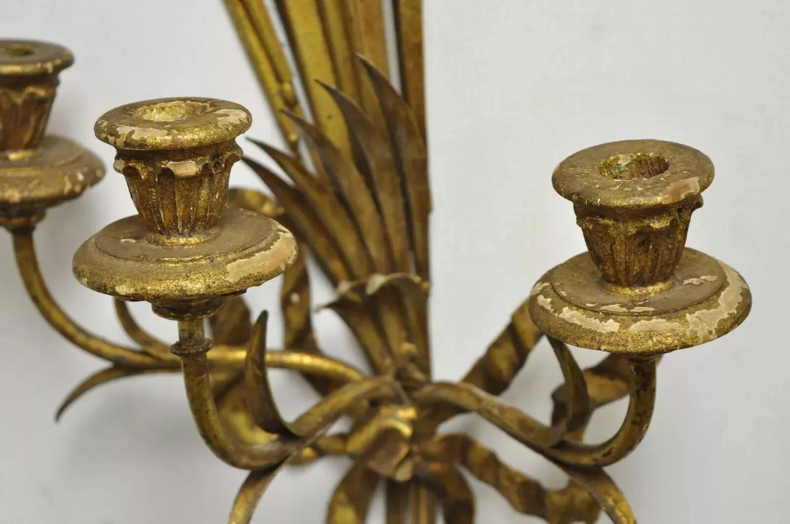 Italian Hollywood Regency Gold Iron Sheaf of Wheat Candle Wall Sconces - a Pair For Sale 4