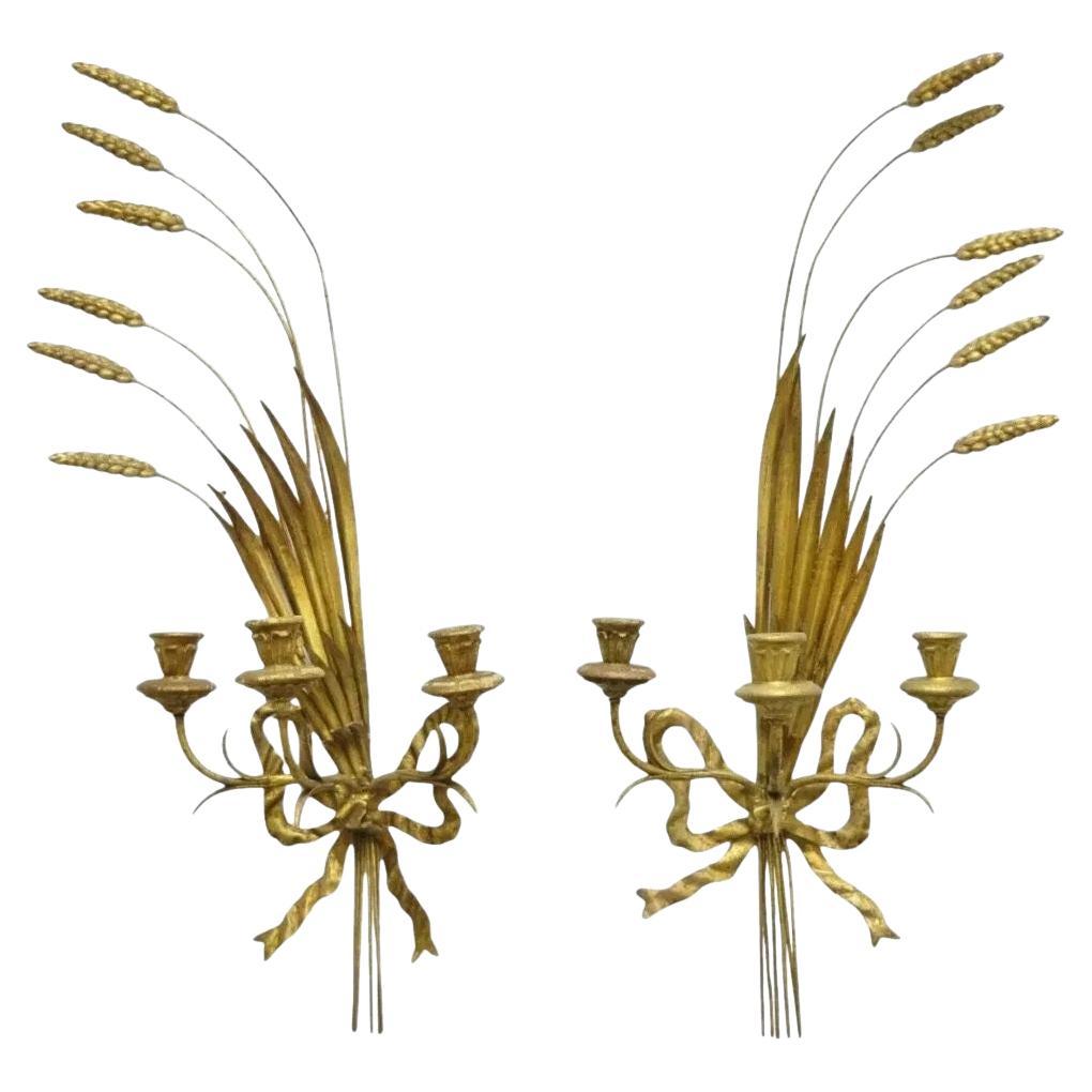 Italienische Hollywood Regency Gold Eisen Garbe von Weizen Kerze Wandleuchter - ein Paar