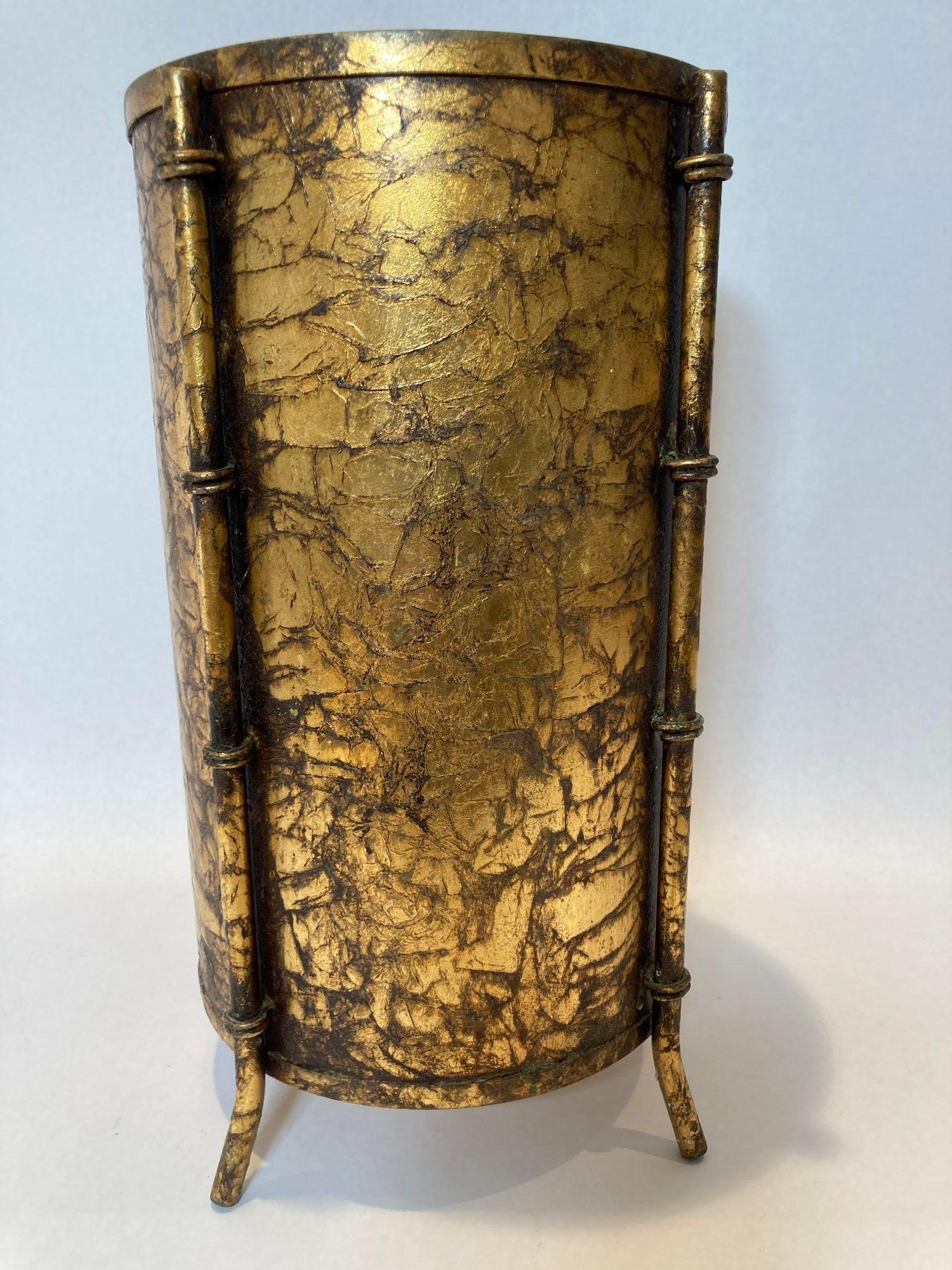 Gilt Italian Hollywood Regency Gold Leaf Small Round Iron Wastebasket Trash Can 1960s