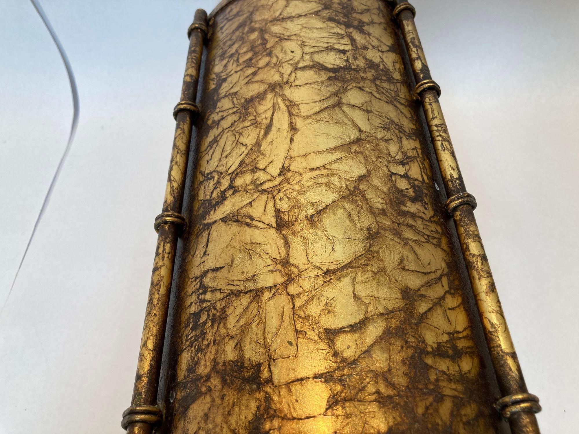 20th Century Italian Hollywood Regency Gold Leaf Small Round Iron Wastebasket Trash Can 1960s