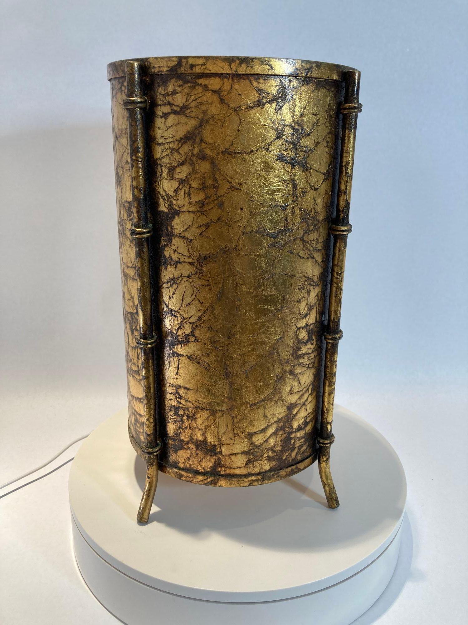 Italian Hollywood Regency Gold Leaf Small Round Iron Wastebasket Trash Can 1960s 2