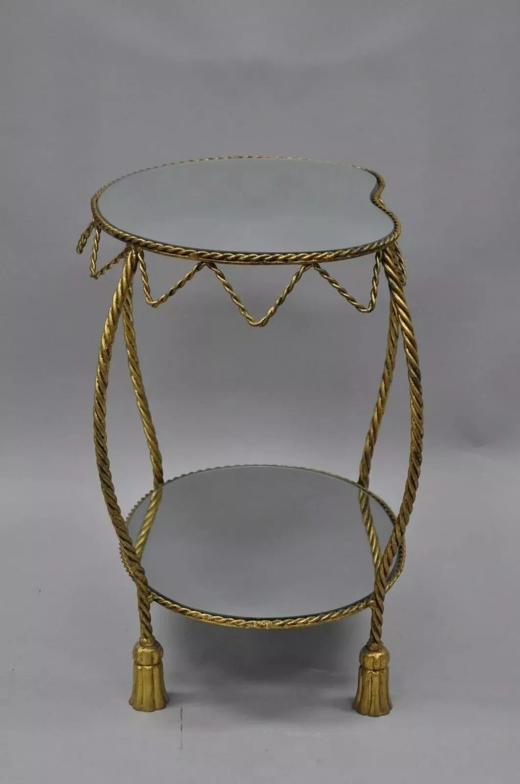 Table d'appoint à miroir en forme de rein, avec corde et glands dorés, de style Hollywood Regency italien en vente 4