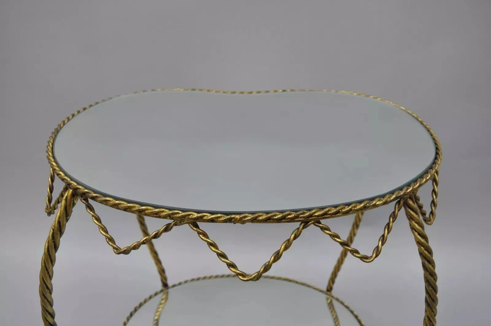 Verre Table d'appoint à miroir en forme de rein, avec corde et glands dorés, de style Hollywood Regency italien en vente