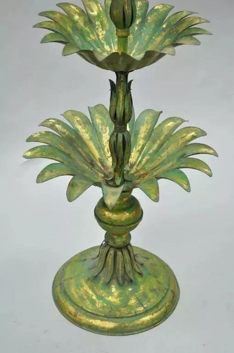 Statue de sculpture italienne Hollywood Regency en métal doré vert et feuille de palmier de 60 pouces Bon état - En vente à Philadelphia, PA