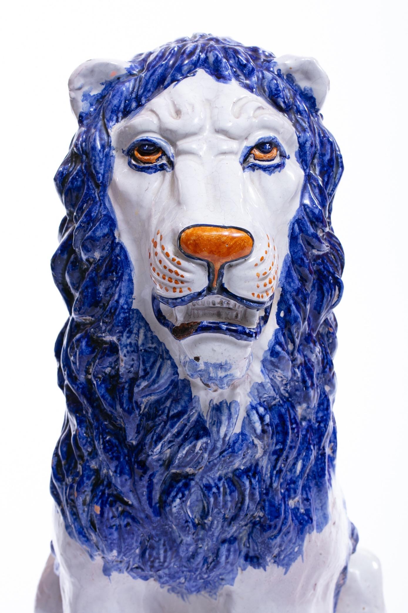 A great pop in any space, this life-size Italian ceramic hand painted lion sculpture is the out of the ordinary accessory that adds a fun, but elegant sensibility. Reminiscent of the colors of the Amalfi Coast and vacations in Positano and Capri -