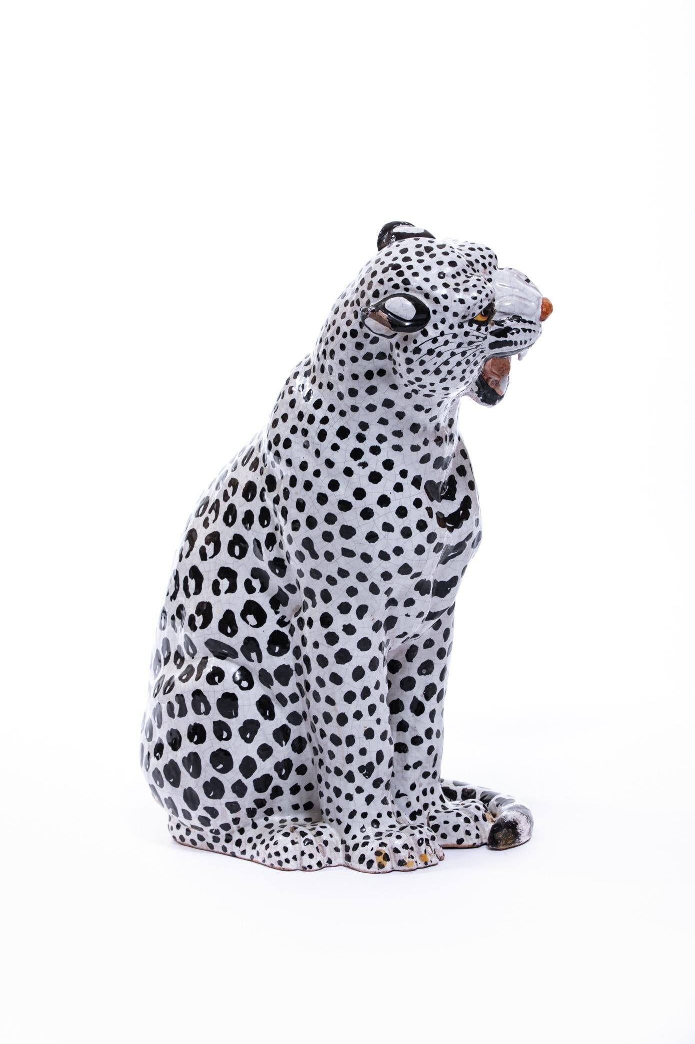 Italian Hollywood Regency Hand Painted Ceramic White Snow Leopard, circa 1960 For Sale 3