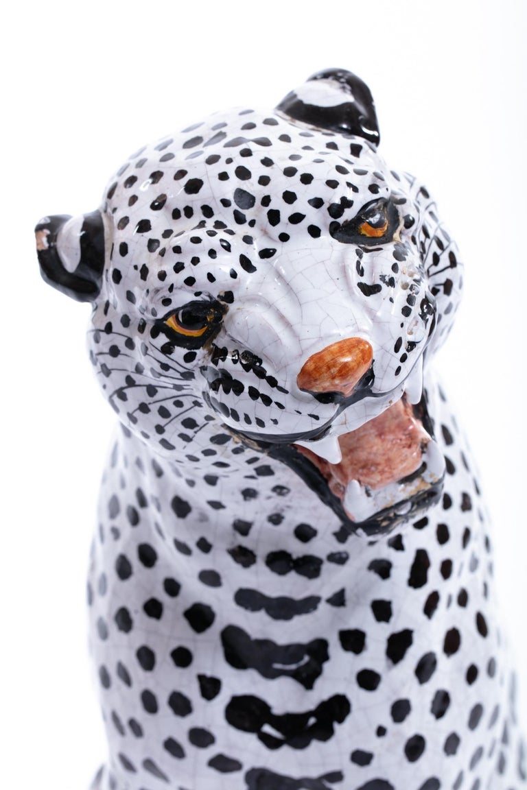 Hand-Painted Italian Hollywood Regency Hand Painted Ceramic White Snow Leopard, circa 1960 For Sale