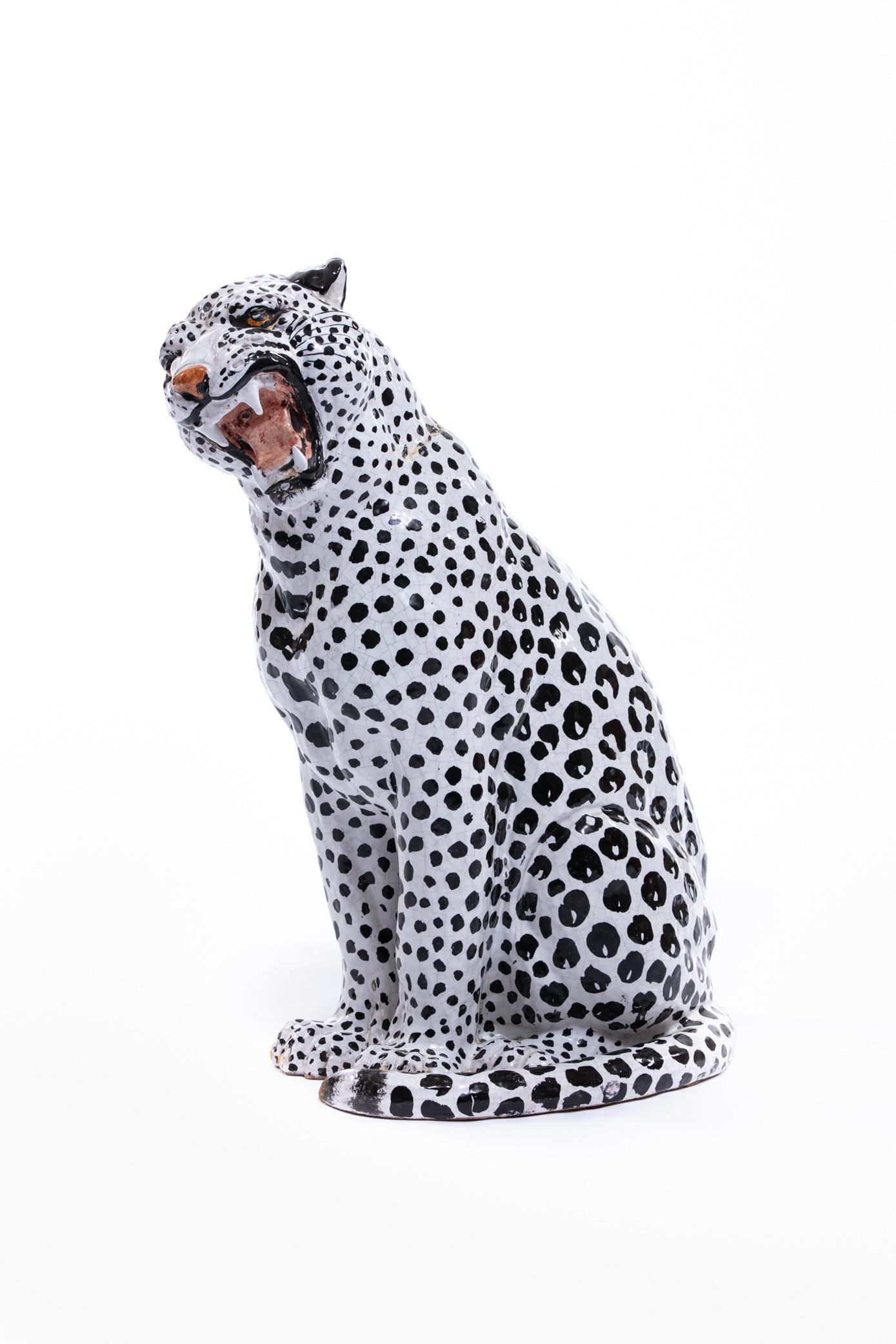 Mid-20th Century Italian Hollywood Regency Hand Painted Ceramic White Snow Leopard, circa 1960 For Sale
