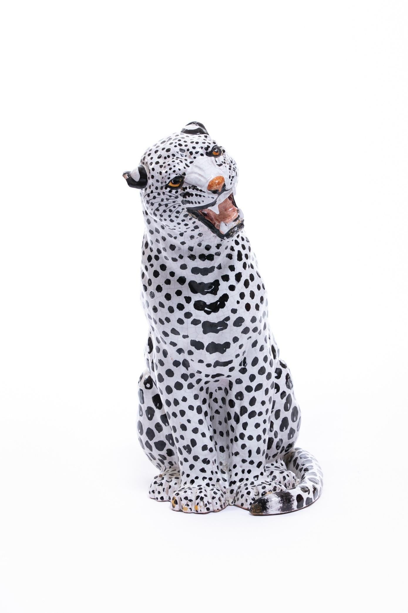 Italian Hollywood Regency Hand Painted Ceramic White Snow Leopard, circa 1960 For Sale 1