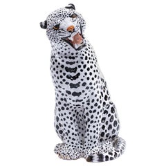 Italian Hollywood Regency Hand Painted Ceramic White Snow Leopard, circa 1960