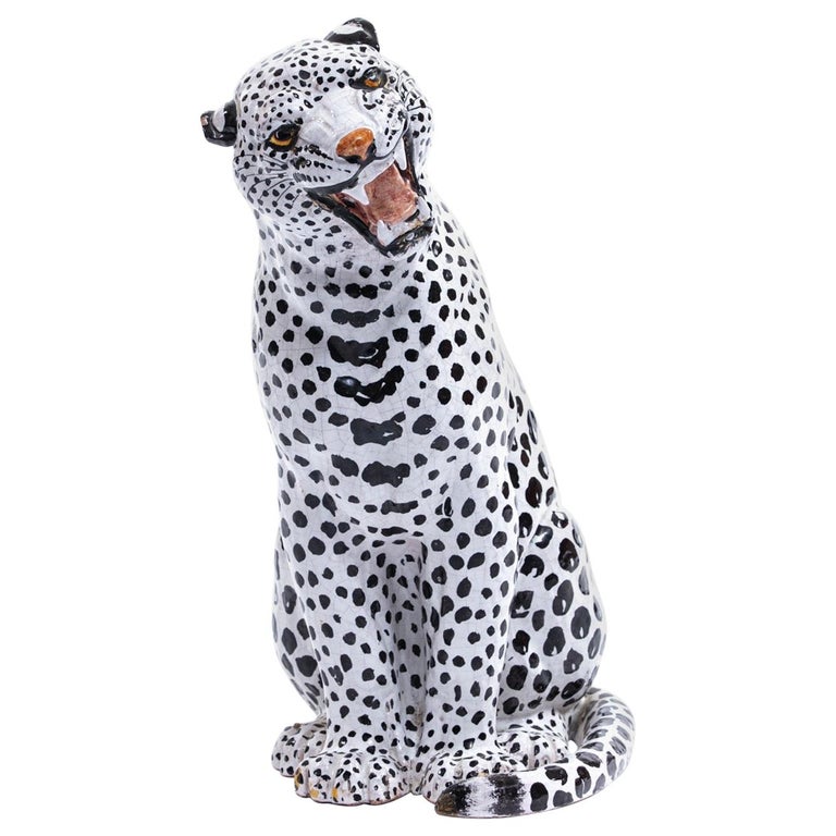 Italian Hollywood Regency Hand Painted Ceramic White Snow Leopard, circa 1960 For Sale