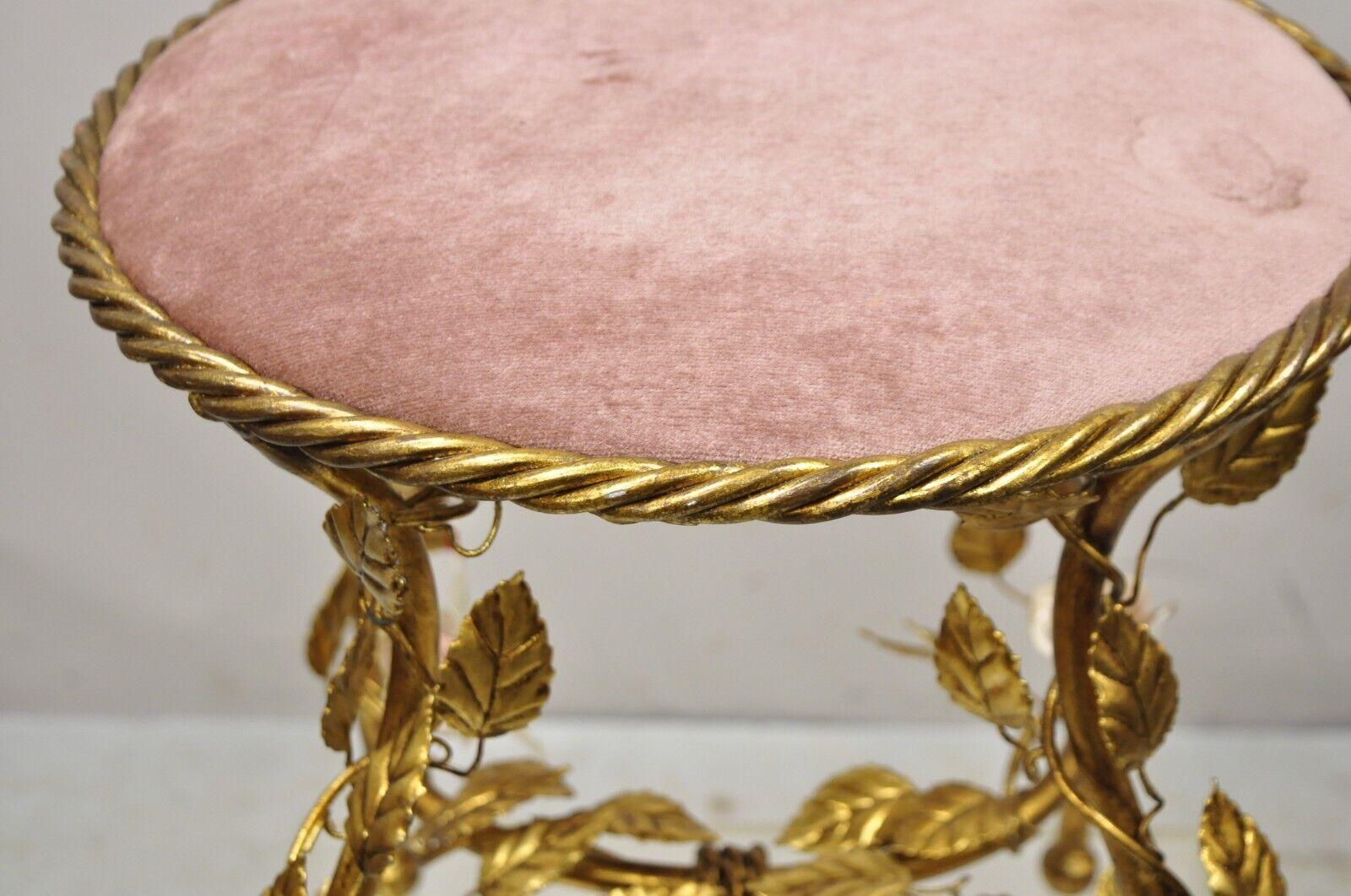 Italian Hollywood Regency Iron Metal Rope Gold Leaf Gilt Pink Seat Vanity Stool In Good Condition In Philadelphia, PA