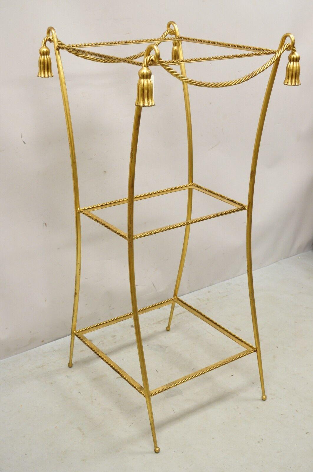 Italian Hollywood Regency Iron Rope Tassel Gold 3 Tier Display Stand Pedestal For Sale 5