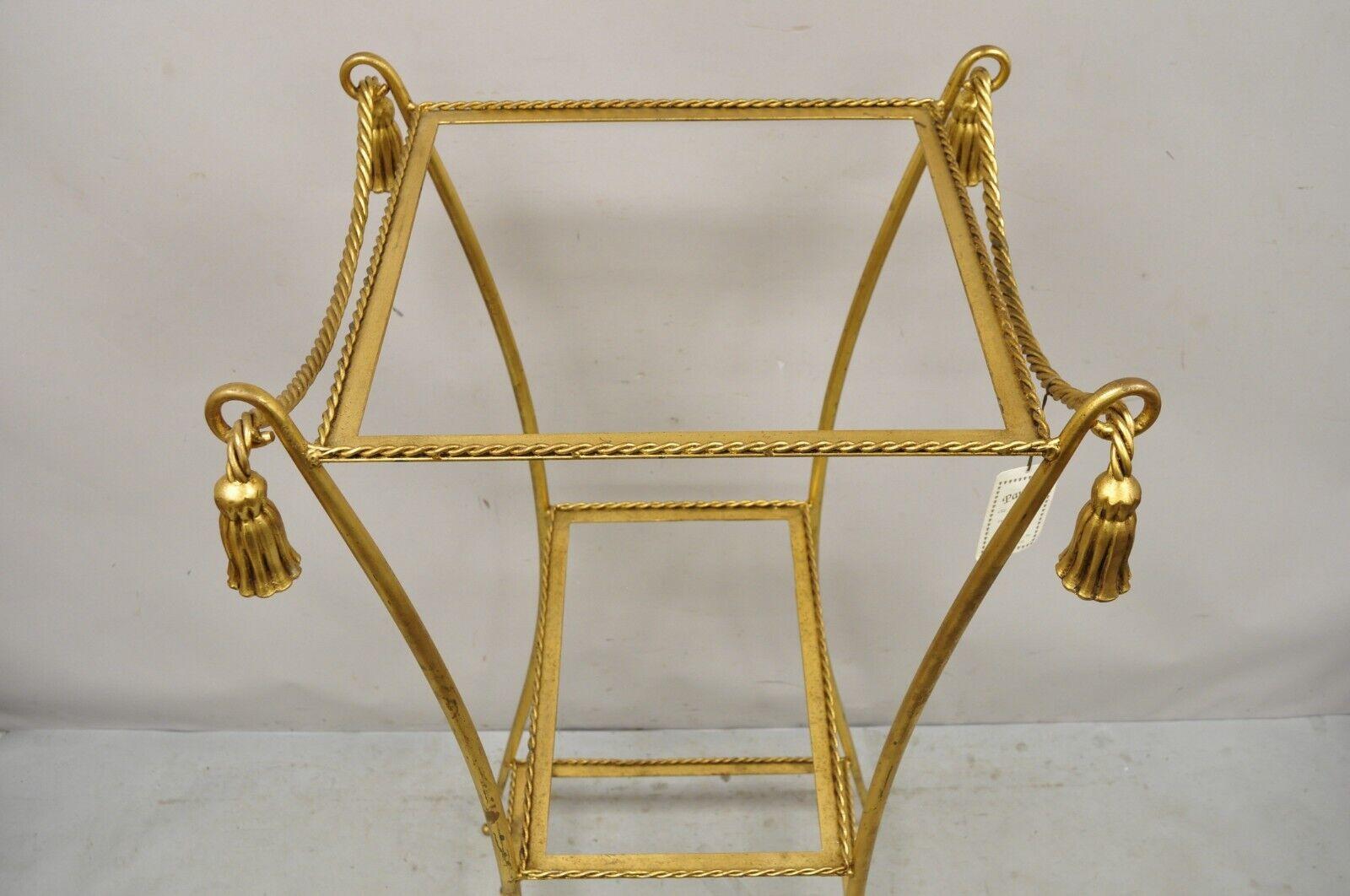 Italian Hollywood Regency Iron Rope Tassel Gold 3 Tier Display Stand Pedestal In Good Condition For Sale In Philadelphia, PA