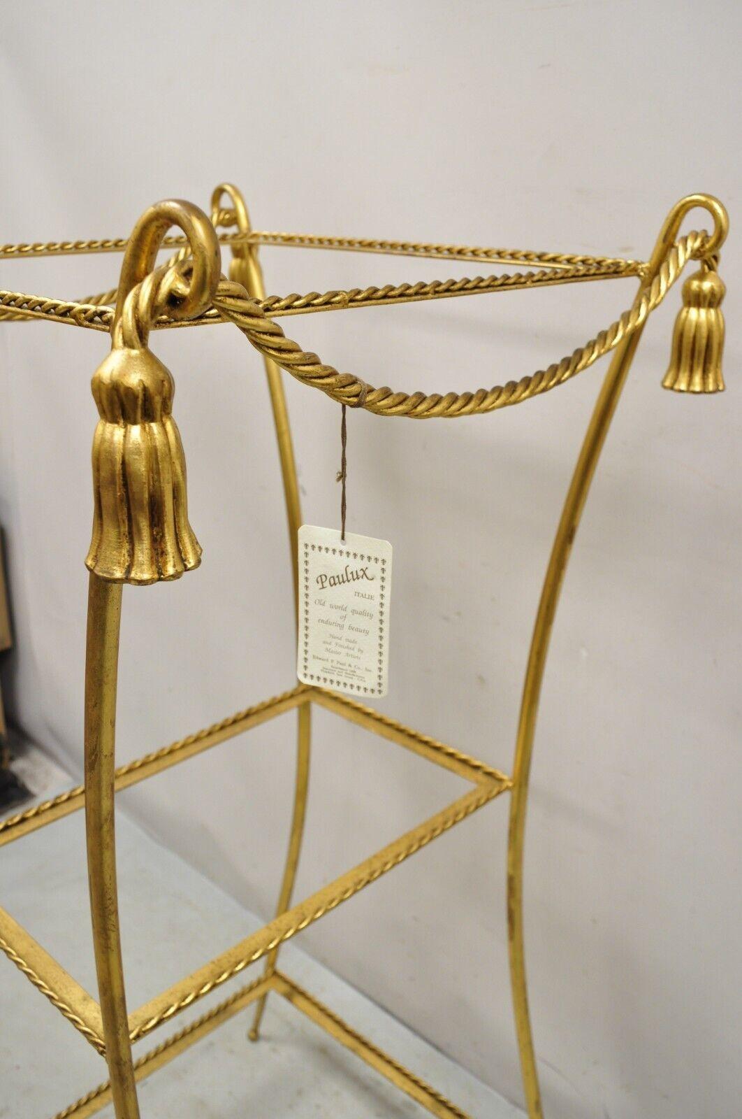20th Century Italian Hollywood Regency Iron Rope Tassel Gold 3 Tier Display Stand Pedestal For Sale