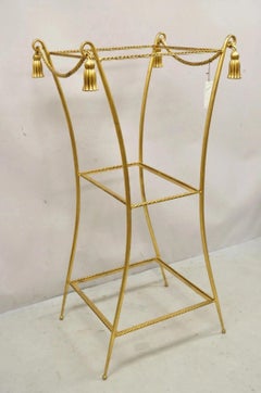 Italian Hollywood Regency Iron Rope Tassel Gold 3 Tier Etagere Stand Side Table