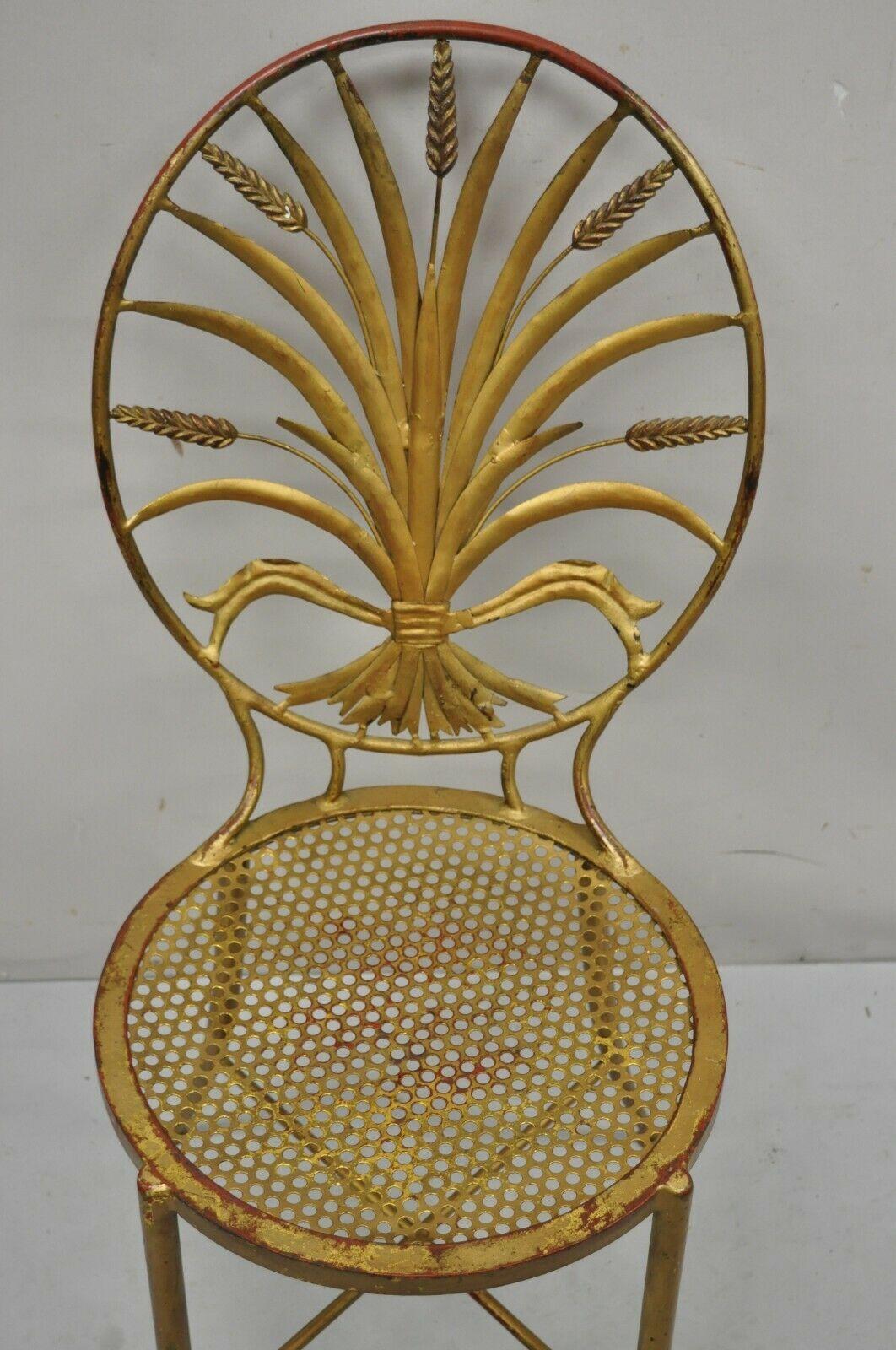 Italian Hollywood Regency Iron Tole Metal Gold Gilt Wheat Sheaf Salvadori Chair In Good Condition For Sale In Philadelphia, PA
