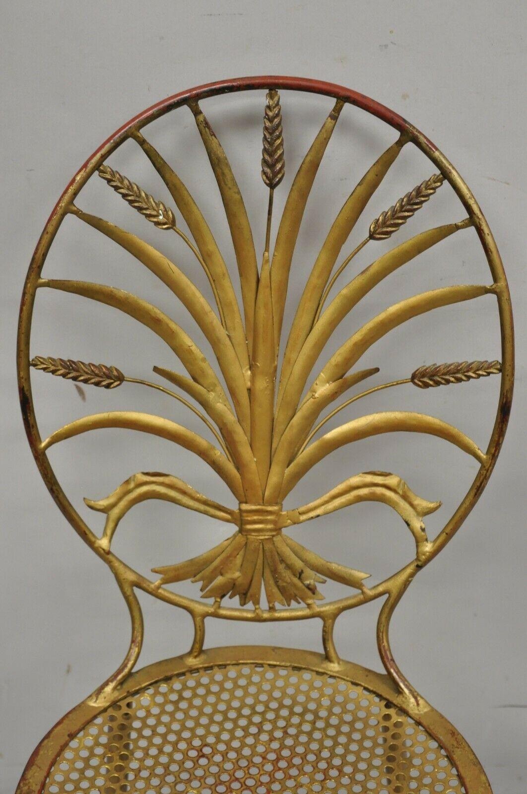 20th Century Italian Hollywood Regency Iron Tole Metal Gold Gilt Wheat Sheaf Salvadori Chair For Sale
