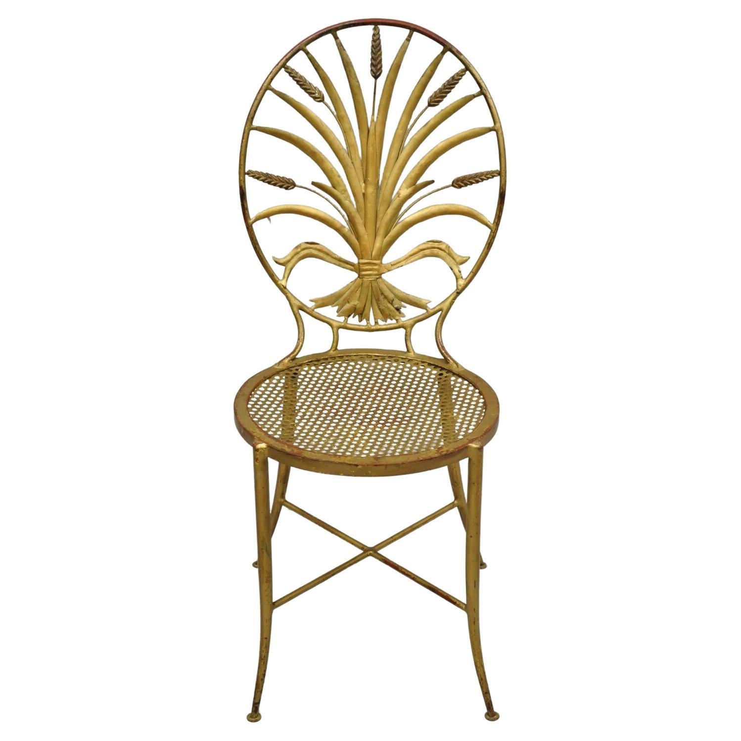 Italian Hollywood Regency Iron Tole Metal Gold Gilt Wheat Sheaf Salvadori Chair